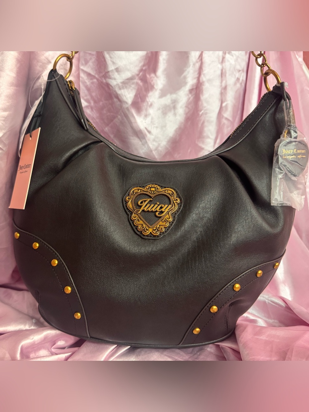 In Her Juicy Era Couture Brown Shoulder Hobo with Gold Heart Emblem